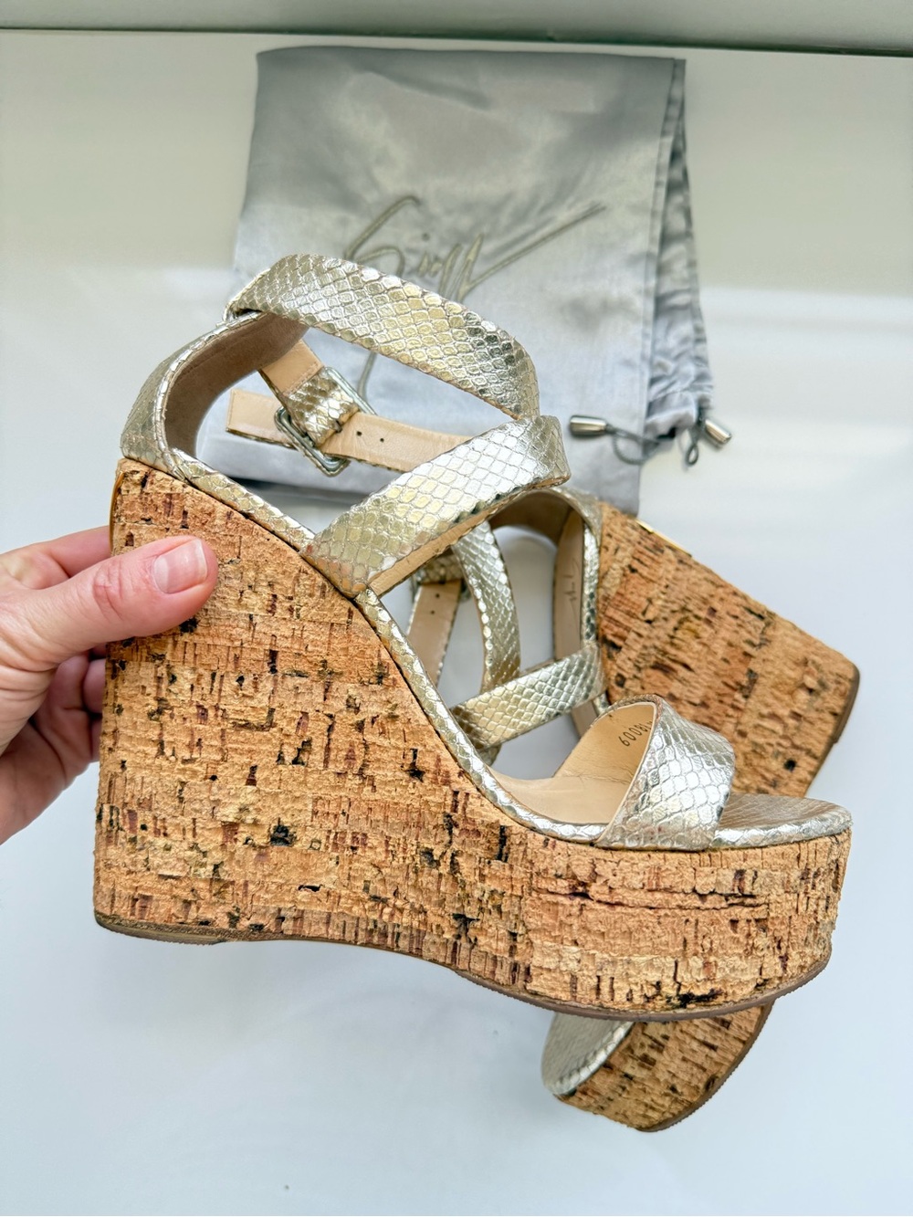 Giuseppe Zanotti Metallic Gold Snakeskin Embossed Cork Platform Wedge Sandals